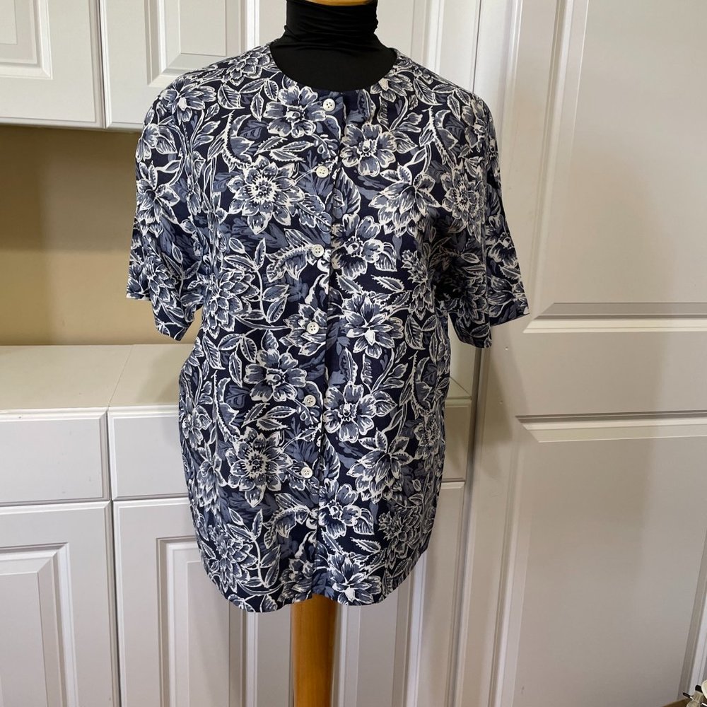 Talbots Blue & White 14 Irish Linen Button Up Short Sleeved Blouse Linen…